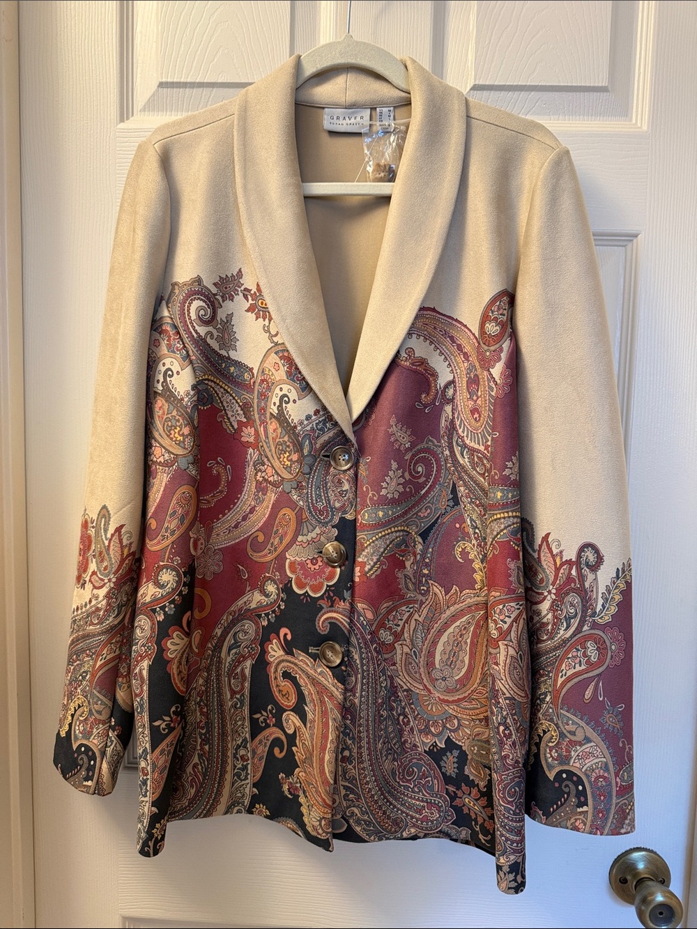 GRAVER Susan Graver Faux Suede Paisley Border Print Blazer Jacket Beige M